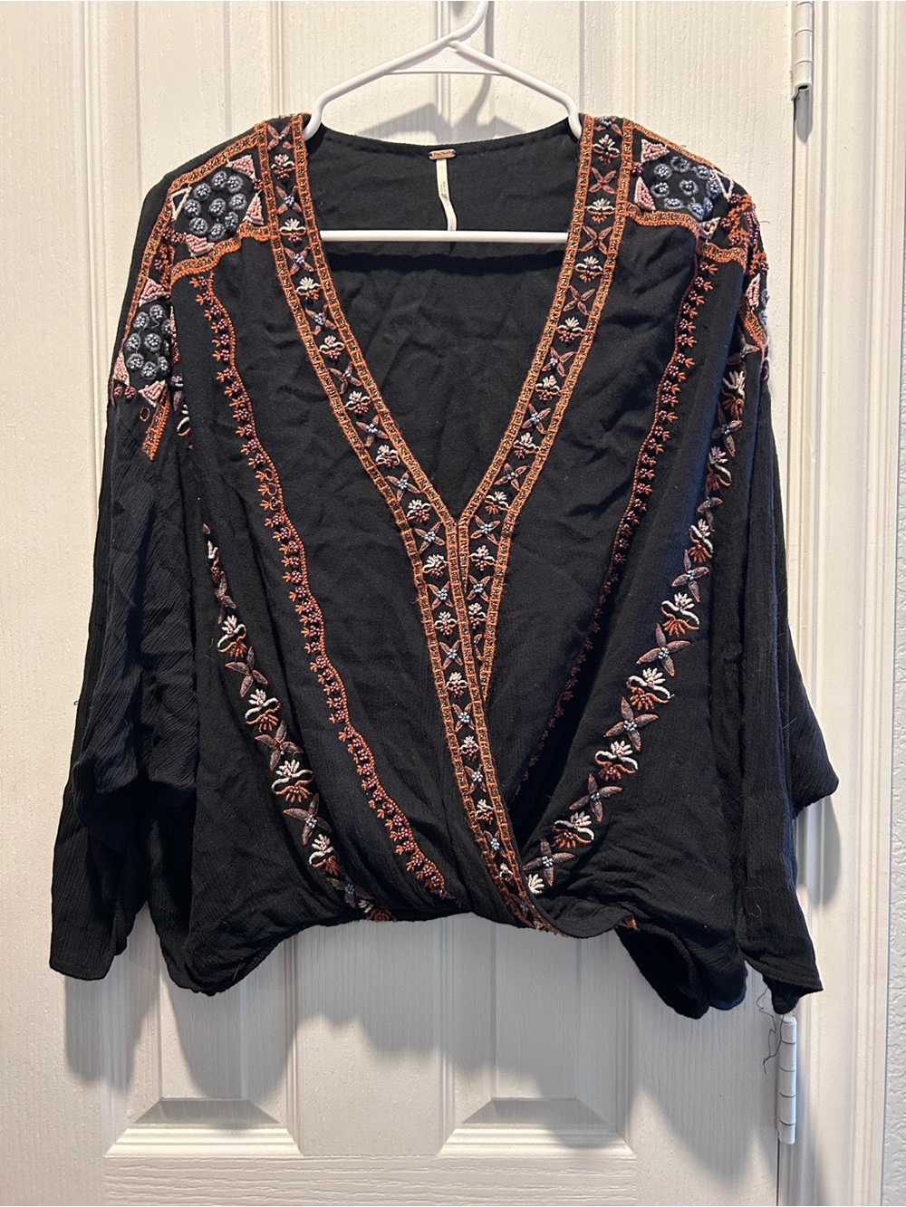 Free People Black V-Neck Embroidered Tunic with Rust & White Trim